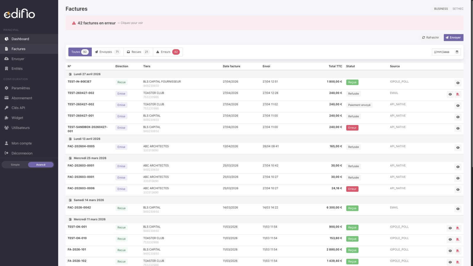 Capture de l'interface Ediflo, plateforme de facturation électronique