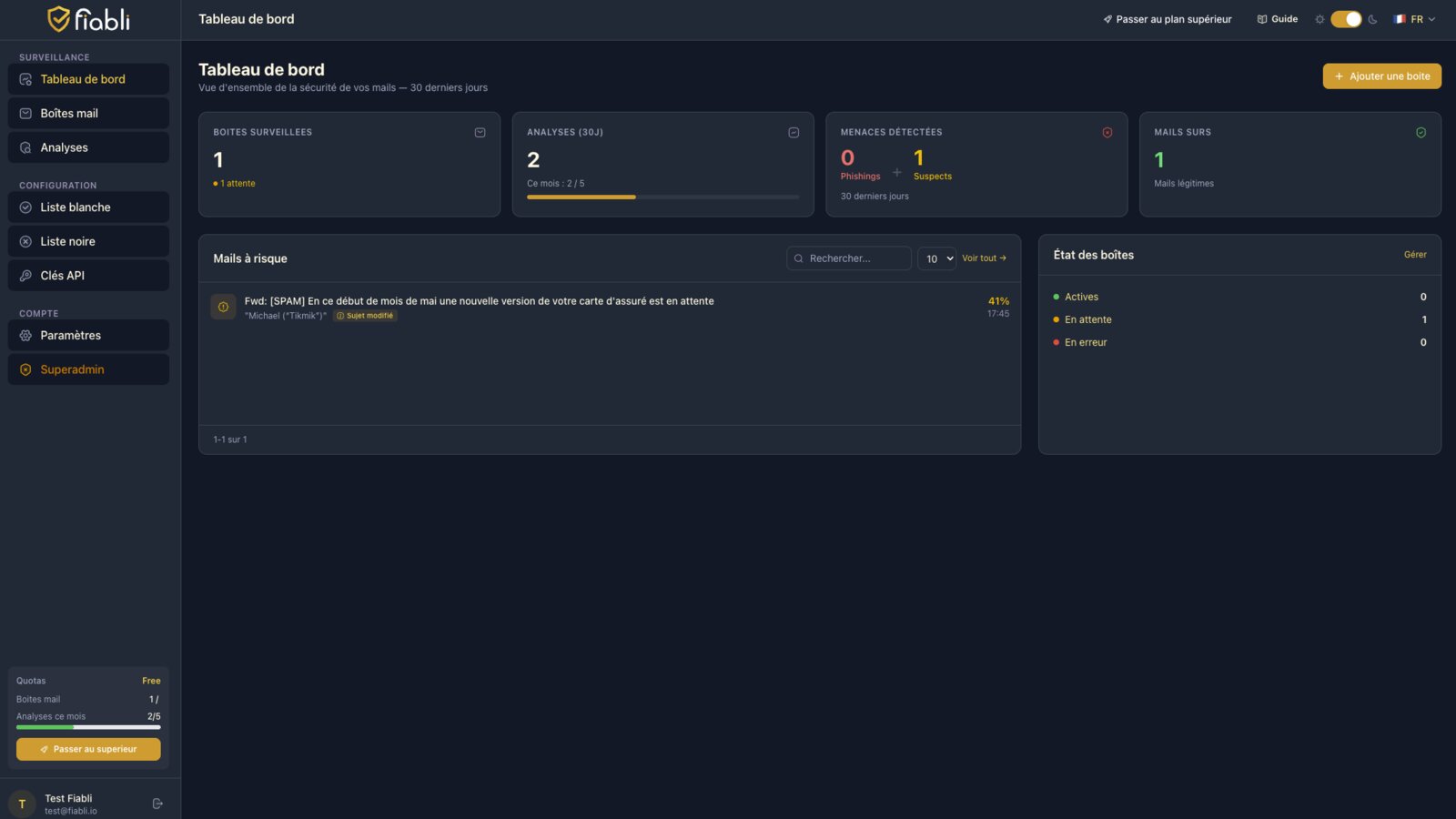 Capture de l'interface Fiabli, détection de phishing par IA