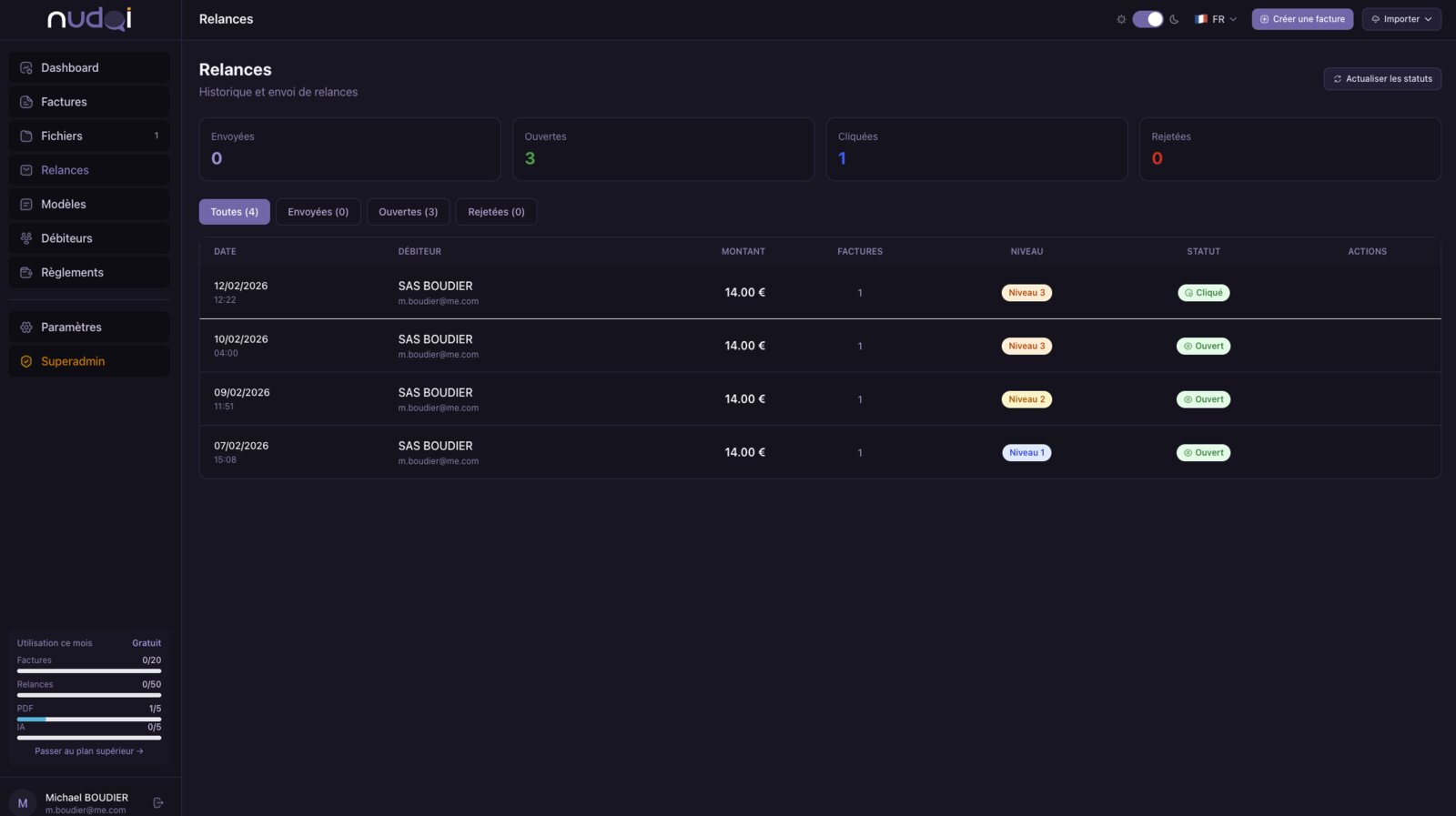 Capture de l'interface Nudgi, relance automatique de factures