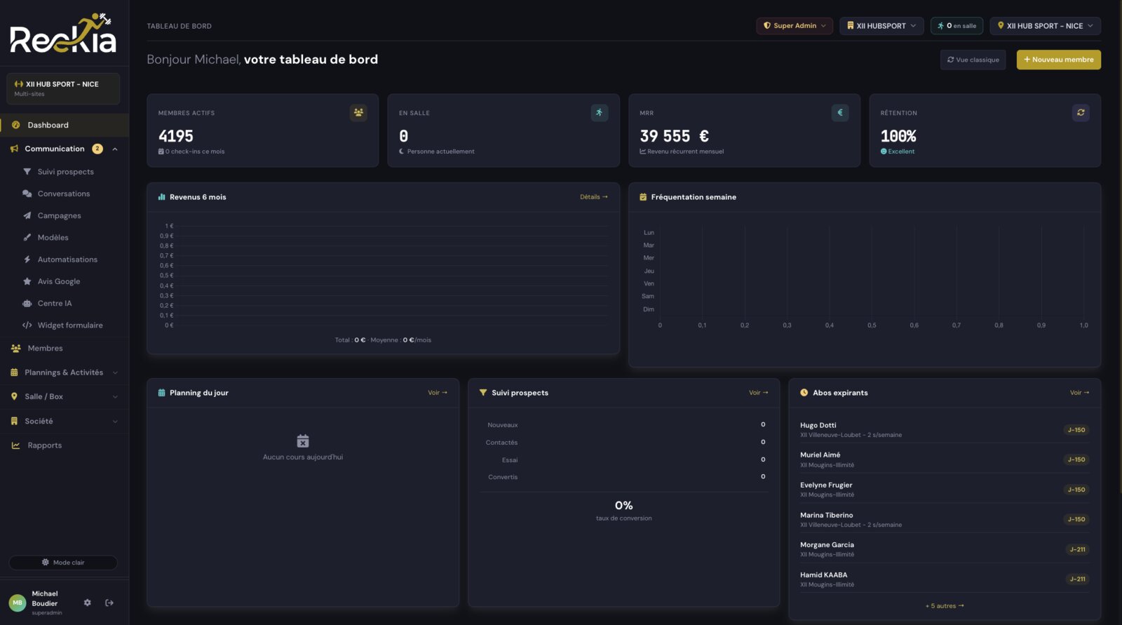 Capture de l'interface Reekia, gestion de salles de sport